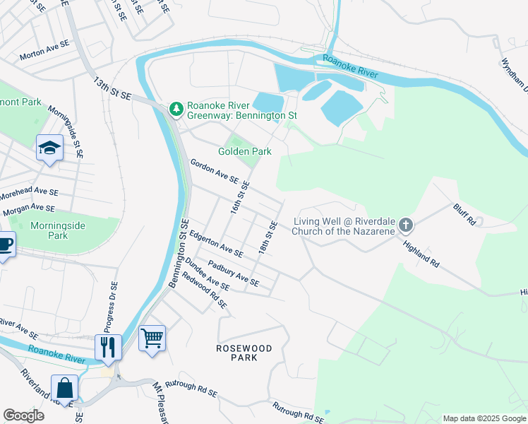 map of restaurants, bars, coffee shops, grocery stores, and more near 1706 Riverdale Road Southeast in Roanoke