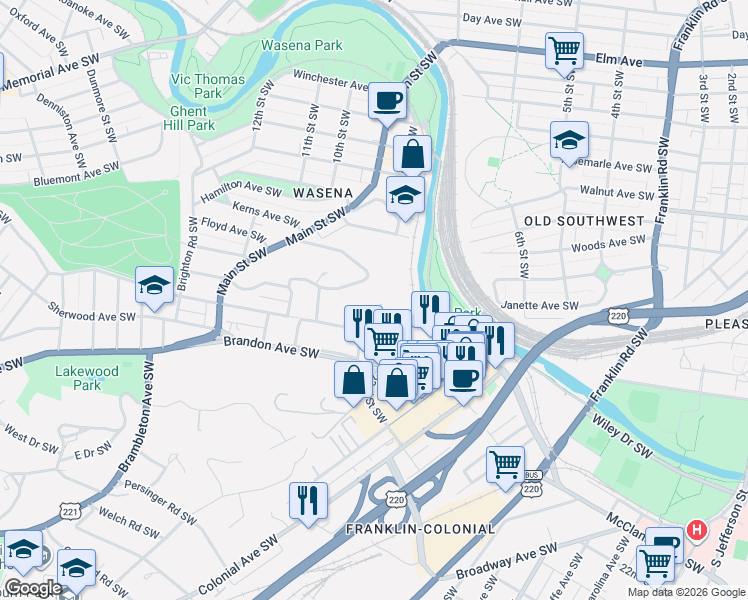 map of restaurants, bars, coffee shops, grocery stores, and more near 715 Suburban Avenue Southwest in Roanoke
