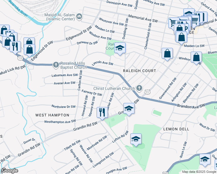 map of restaurants, bars, coffee shops, grocery stores, and more near 2112 York Road Southwest in Roanoke