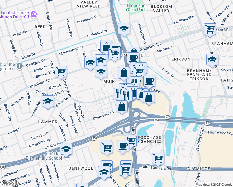 map of restaurants, bars, coffee shops, grocery stores, and more near 20 Waterville Drive in San Jose