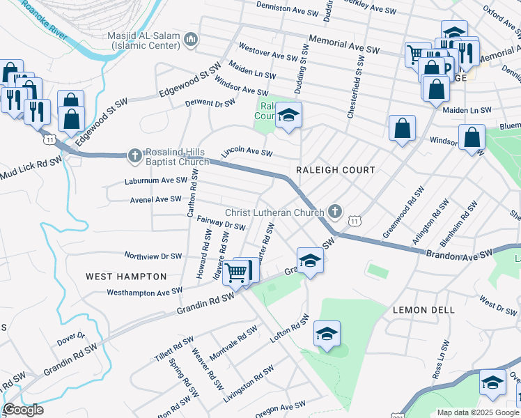map of restaurants, bars, coffee shops, grocery stores, and more near 2112 York Road Southwest in Roanoke