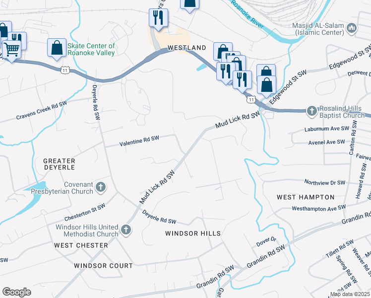 map of restaurants, bars, coffee shops, grocery stores, and more near 3333 Mud Lick Road Southwest in Roanoke