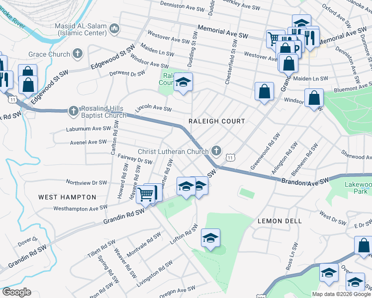 map of restaurants, bars, coffee shops, grocery stores, and more near 2119 Laburnum Avenue Southwest in Roanoke