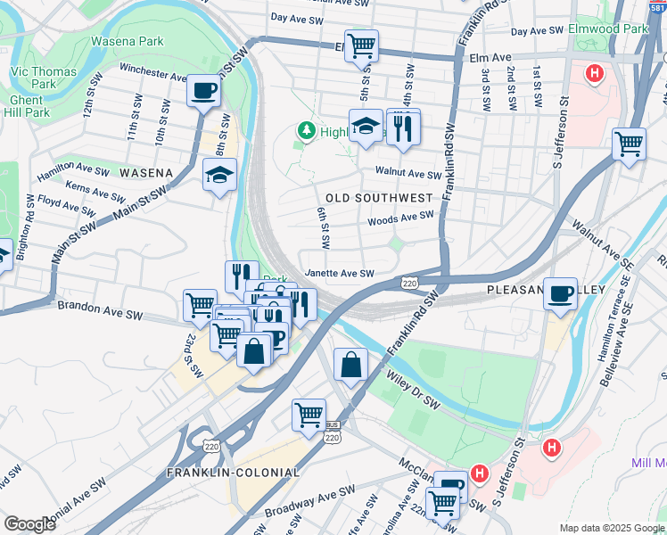 map of restaurants, bars, coffee shops, grocery stores, and more near 531 Janette Avenue Southwest in Roanoke