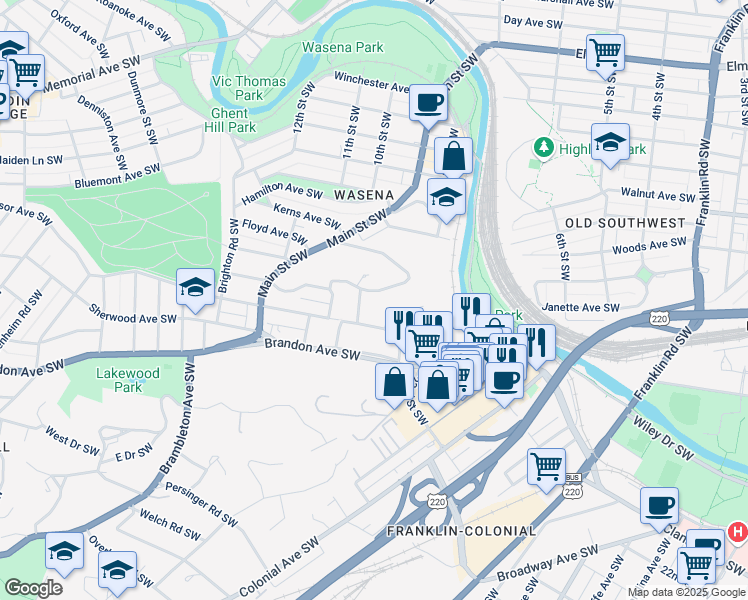 map of restaurants, bars, coffee shops, grocery stores, and more near 770 Welton Avenue Southwest in Roanoke