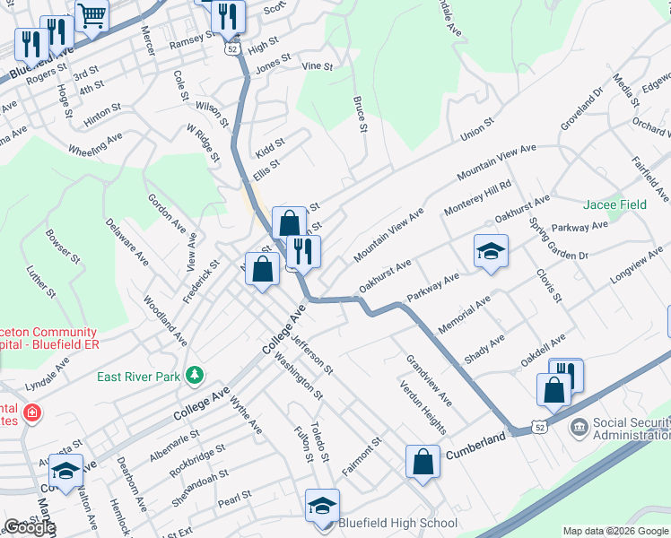 map of restaurants, bars, coffee shops, grocery stores, and more near 109 Mountain View Avenue in Bluefield
