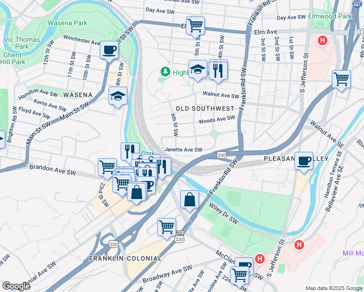 map of restaurants, bars, coffee shops, grocery stores, and more near 520 Janette Avenue Southwest in Roanoke
