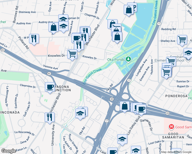 map of restaurants, bars, coffee shops, grocery stores, and more near 112 West Mozart Avenue in Los Gatos