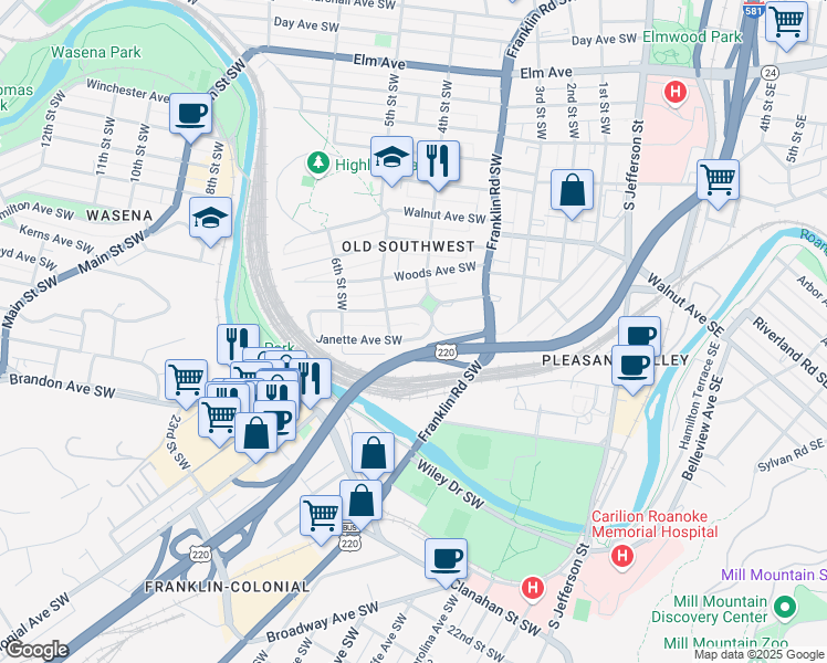 map of restaurants, bars, coffee shops, grocery stores, and more near 423 Janette Avenue Southwest in Roanoke