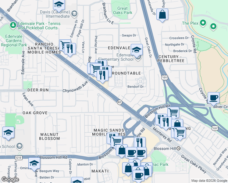 map of restaurants, bars, coffee shops, grocery stores, and more near 5334 Monterey Road in San Jose