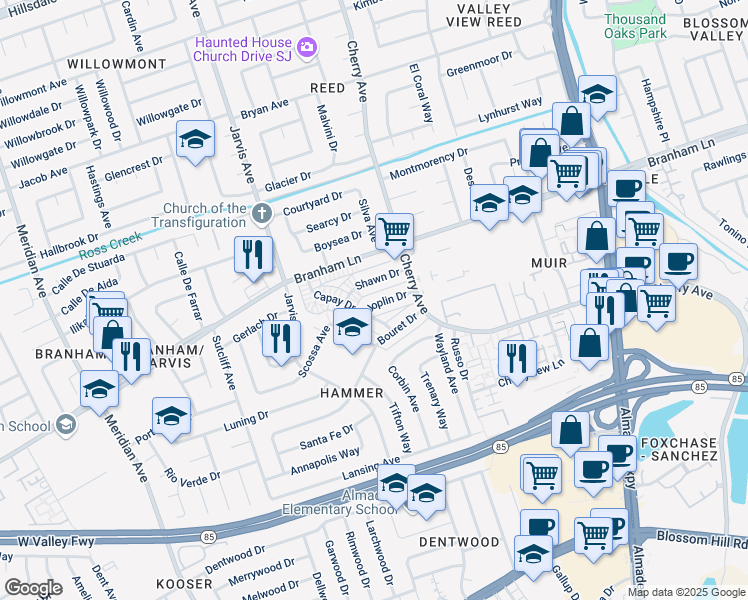 map of restaurants, bars, coffee shops, grocery stores, and more near 1349 Joplin Drive in San Jose