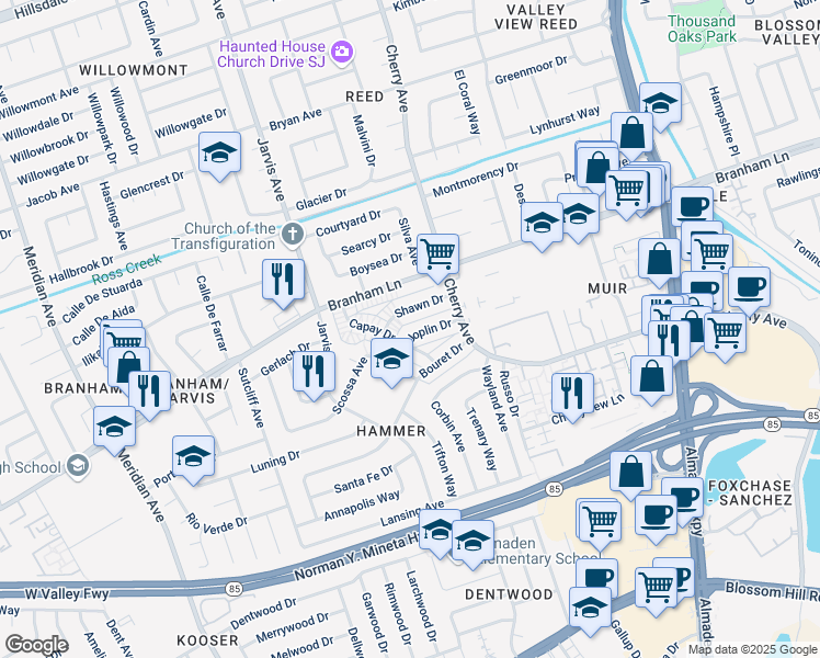 map of restaurants, bars, coffee shops, grocery stores, and more near 1349 Joplin Drive in San Jose