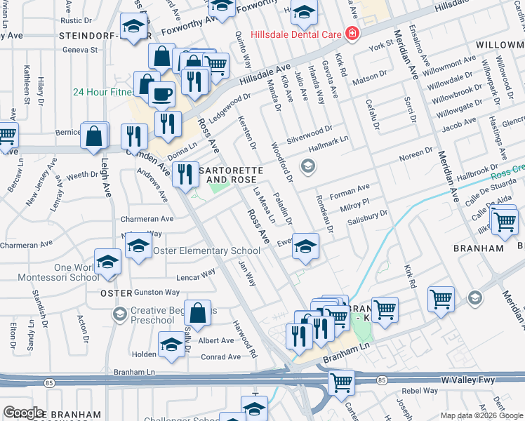 map of restaurants, bars, coffee shops, grocery stores, and more near 3993 La Mesa Lane in San Jose