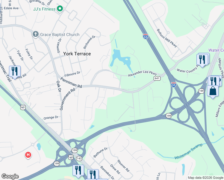 map of restaurants, bars, coffee shops, grocery stores, and more near 1359 Penniman Road in Williamsburg
