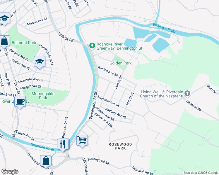 map of restaurants, bars, coffee shops, grocery stores, and more near 1723 16th Street Southeast in Roanoke