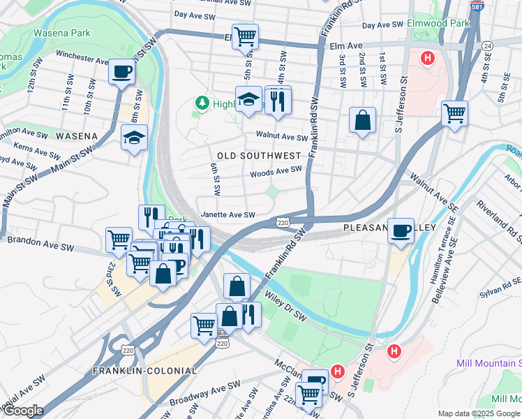map of restaurants, bars, coffee shops, grocery stores, and more near 429 Janette Avenue Southwest in Roanoke