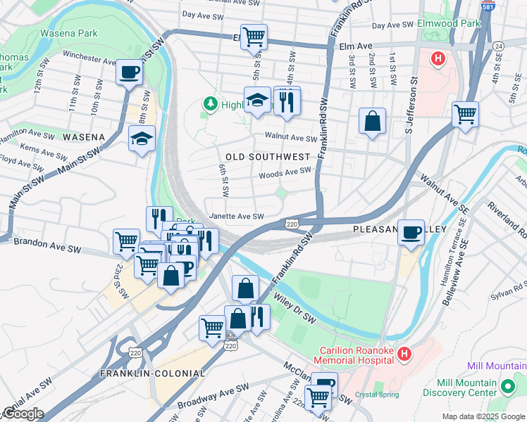 map of restaurants, bars, coffee shops, grocery stores, and more near 429 Janette Avenue Southwest in Roanoke