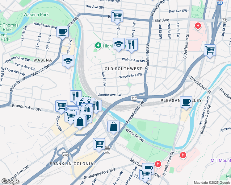 map of restaurants, bars, coffee shops, grocery stores, and more near 520 Janette Avenue Southwest in Roanoke