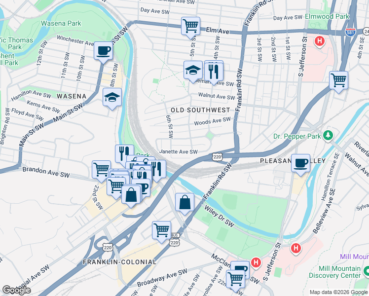 map of restaurants, bars, coffee shops, grocery stores, and more near 520 Janette Avenue Southwest in Roanoke