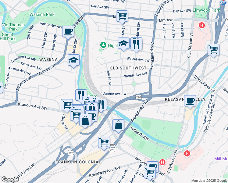 map of restaurants, bars, coffee shops, grocery stores, and more near 520 Janette Avenue Southwest in Roanoke