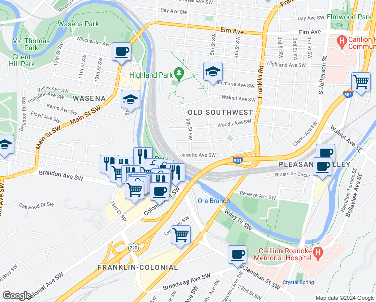map of restaurants, bars, coffee shops, grocery stores, and more near 610 Janette Avenue Southwest in Roanoke