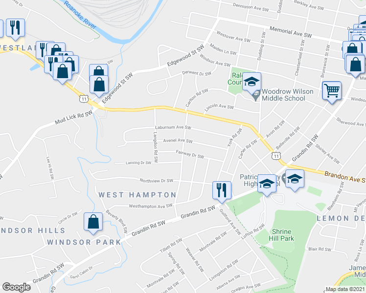 map of restaurants, bars, coffee shops, grocery stores, and more near Carlton Road Southwest in Roanoke