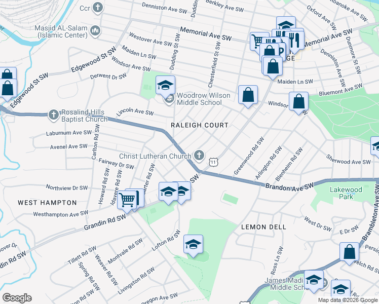 map of restaurants, bars, coffee shops, grocery stores, and more near 1953 Belleville Road Southwest in Roanoke
