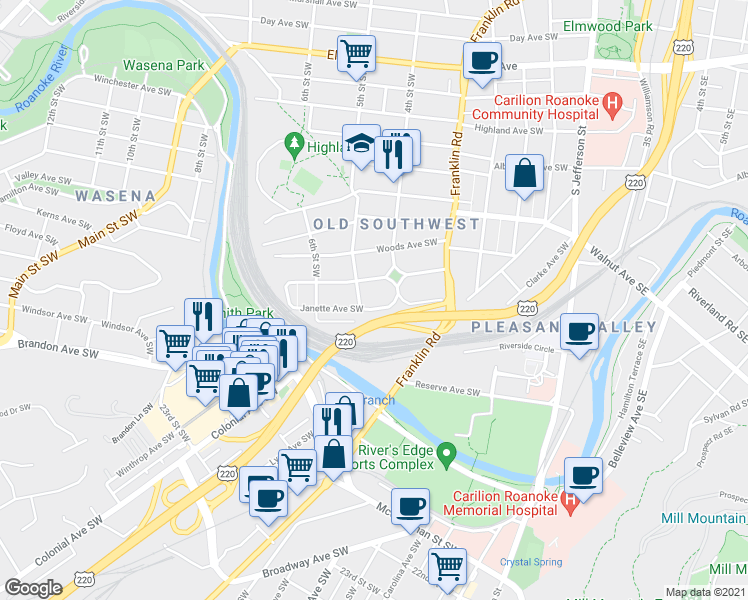 map of restaurants, bars, coffee shops, grocery stores, and more near 429 Janette Avenue Southwest in Roanoke