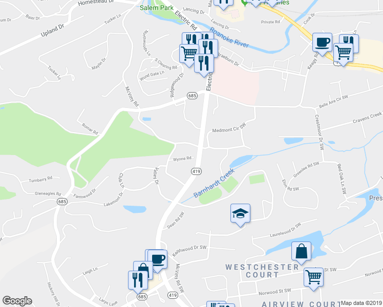 map of restaurants, bars, coffee shops, grocery stores, and more near 5423 Wynne Road in Roanoke