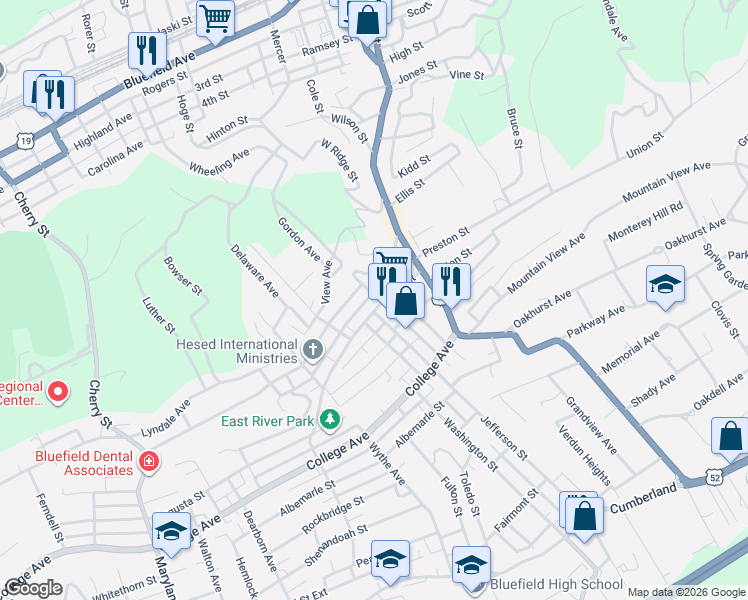 map of restaurants, bars, coffee shops, grocery stores, and more near 301 North Street in Bluefield