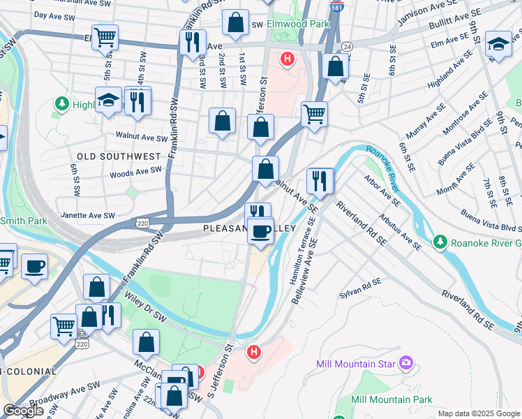 map of restaurants, bars, coffee shops, grocery stores, and more near 16 Old Woods Avenue in Roanoke