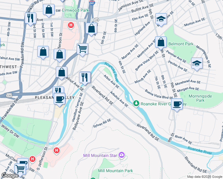 map of restaurants, bars, coffee shops, grocery stores, and more near 464 Arbutus Avenue Southeast in Roanoke