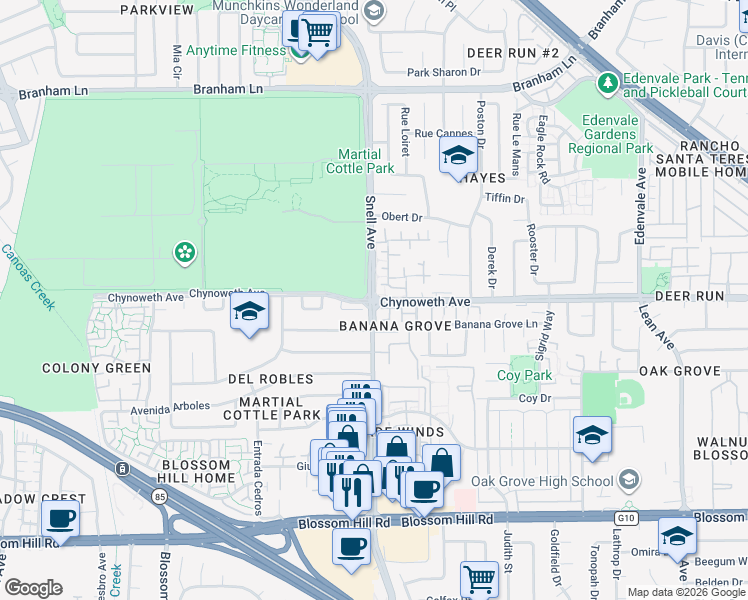 map of restaurants, bars, coffee shops, grocery stores, and more near Snell Ave & Chynoweth Ave in San Jose
