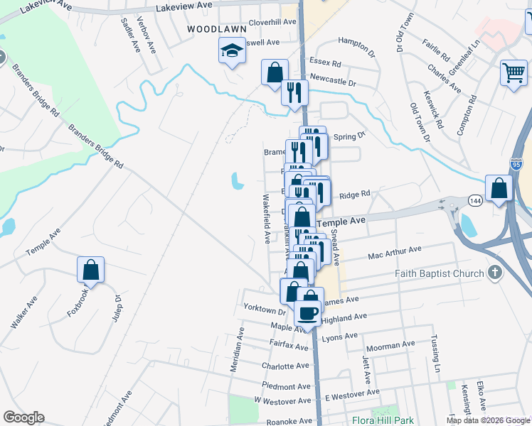 map of restaurants, bars, coffee shops, grocery stores, and more near 2098 Wakefield Avenue in Colonial Heights
