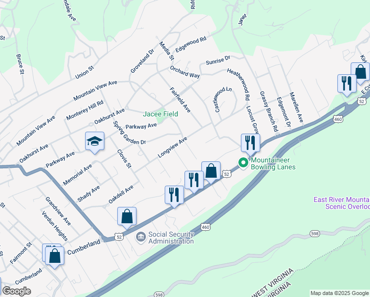 map of restaurants, bars, coffee shops, grocery stores, and more near 2707 Crestwood Dr in Bluefield