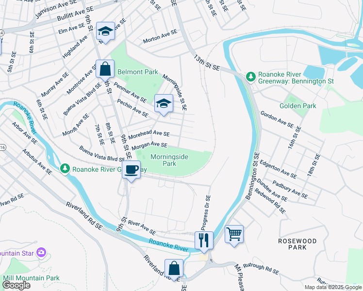 map of restaurants, bars, coffee shops, grocery stores, and more near 1106 Morgan Avenue Southeast in Roanoke