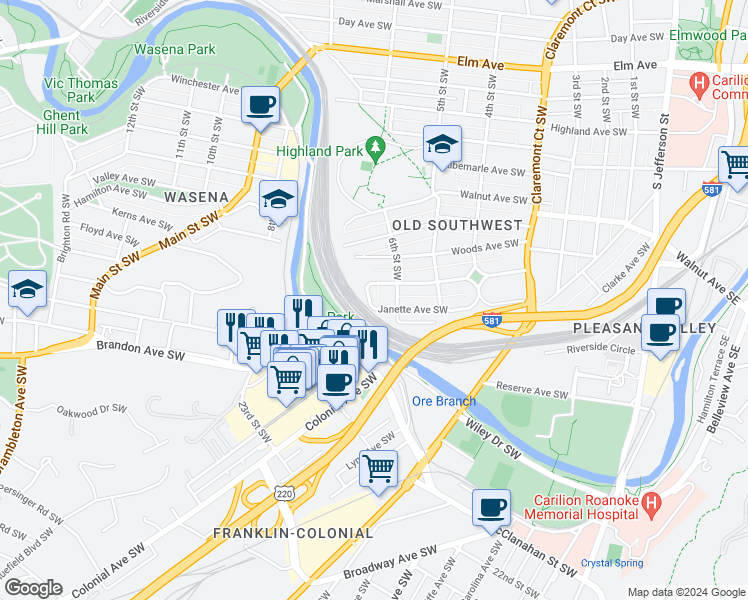 map of restaurants, bars, coffee shops, grocery stores, and more near 623 Janette Avenue Southwest in Roanoke