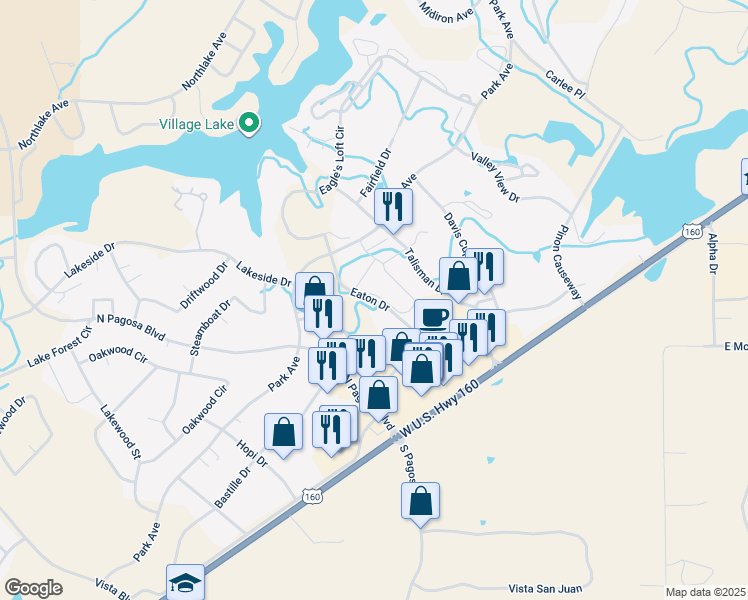 map of restaurants, bars, coffee shops, grocery stores, and more near Eaton Drive in Pagosa Springs