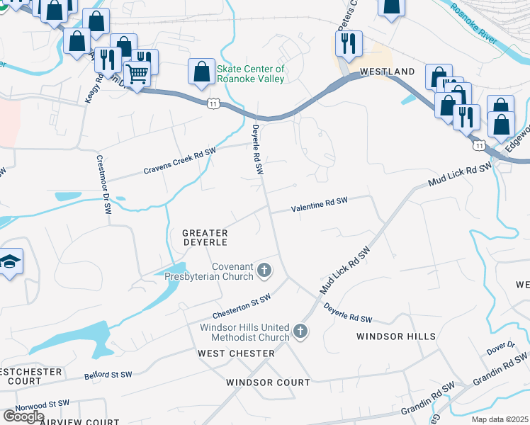 map of restaurants, bars, coffee shops, grocery stores, and more near 1701 Deyerle Road Southwest in Roanoke