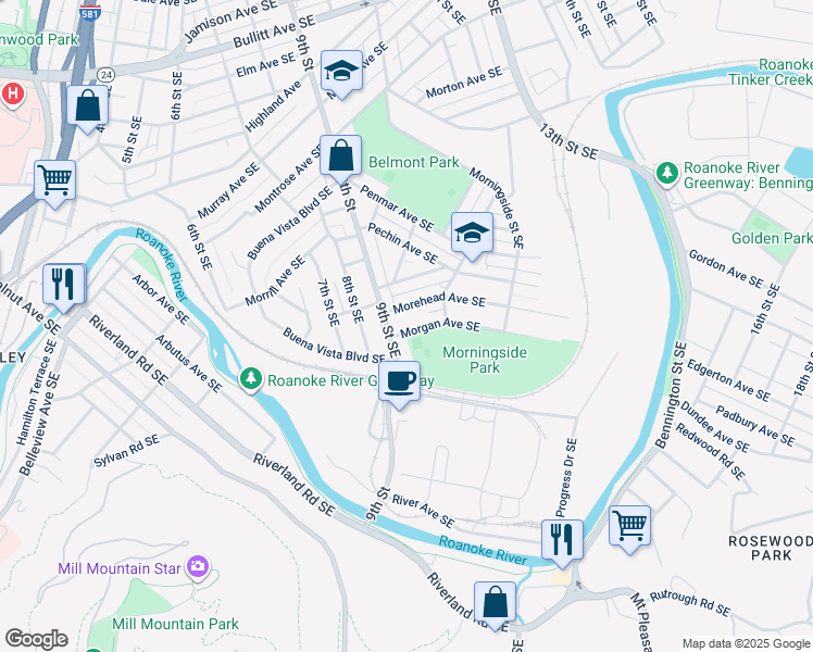 map of restaurants, bars, coffee shops, grocery stores, and more near 916 Morgan Avenue Southeast in Roanoke