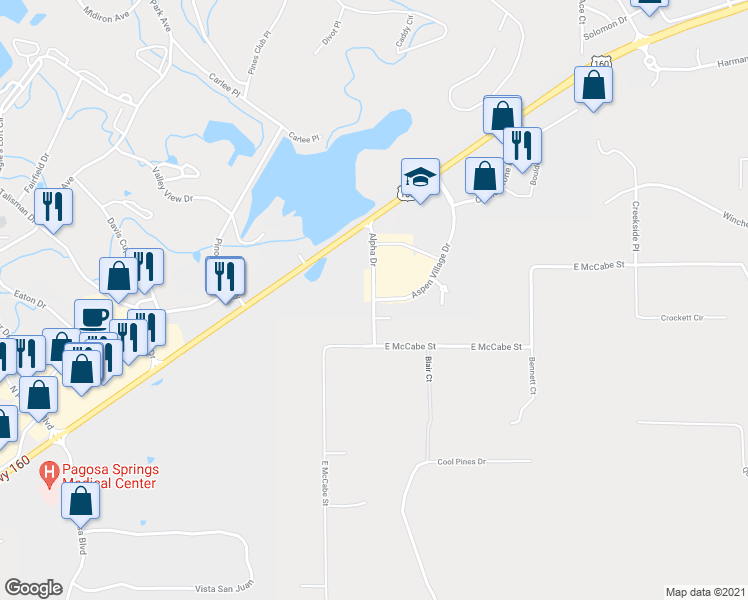 map of restaurants, bars, coffee shops, grocery stores, and more near 210 Aspen Village Drive in Pagosa Springs