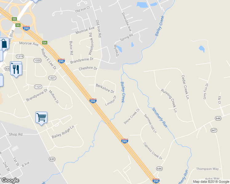 map of restaurants, bars, coffee shops, grocery stores, and more near 4000 London Drive in Hopewell