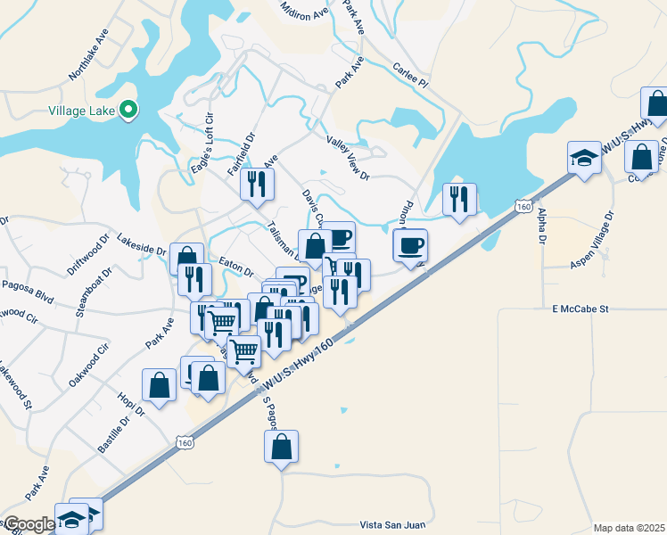 map of restaurants, bars, coffee shops, grocery stores, and more near 190 Talisman Drive in Pagosa Springs