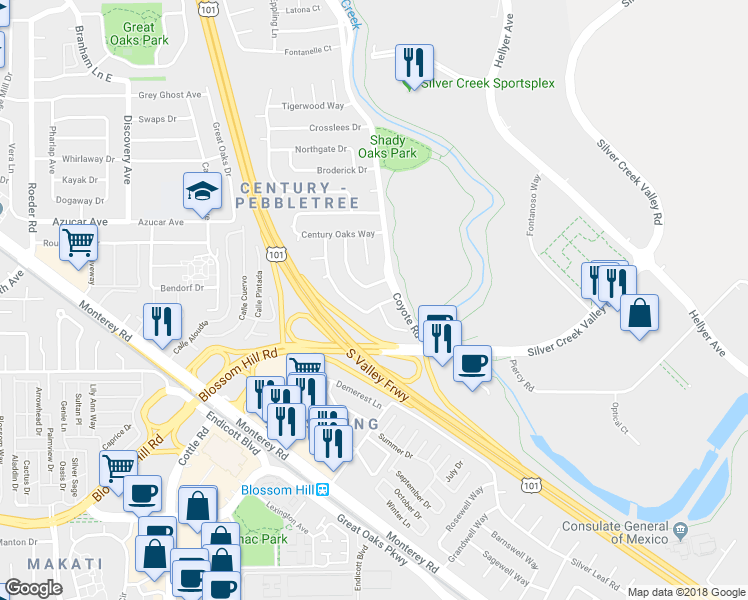 map of restaurants, bars, coffee shops, grocery stores, and more near 5499 Century Park Way in San Jose