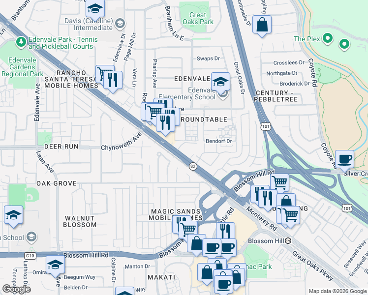 map of restaurants, bars, coffee shops, grocery stores, and more near 5334 Monterey Road in San Jose
