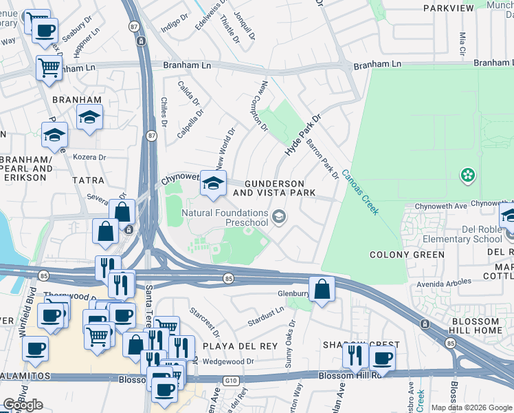 map of restaurants, bars, coffee shops, grocery stores, and more near 605 Gaundabert Lane in San Jose