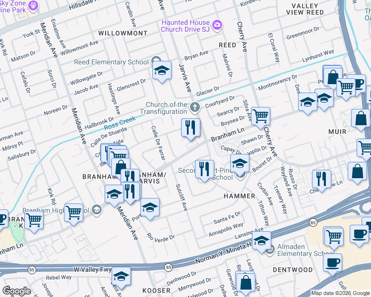 map of restaurants, bars, coffee shops, grocery stores, and more near 1434 Branham Lane in San Jose