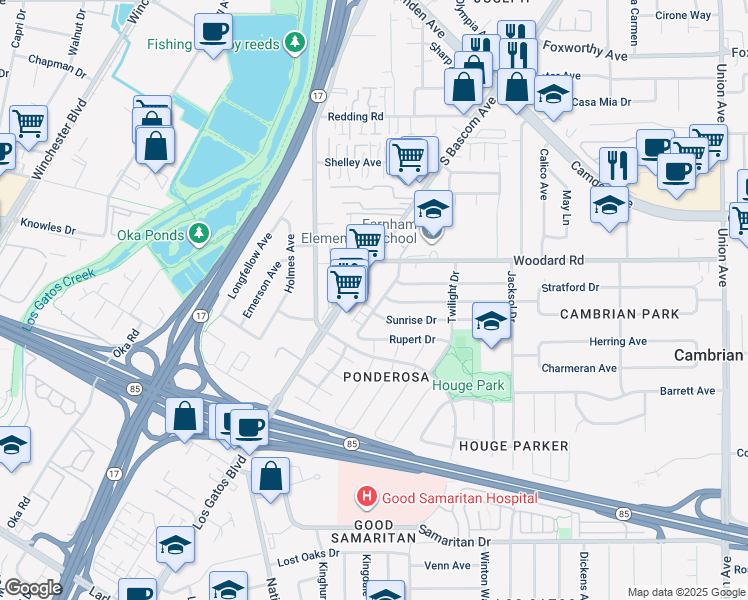 map of restaurants, bars, coffee shops, grocery stores, and more near 3967 Starview Drive in San Jose