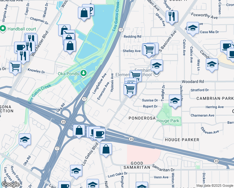 map of restaurants, bars, coffee shops, grocery stores, and more near 1172 Holmes Avenue in Campbell
