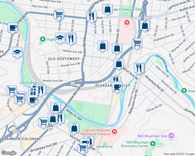 map of restaurants, bars, coffee shops, grocery stores, and more near 1415 Clarke Avenue Southwest in Roanoke